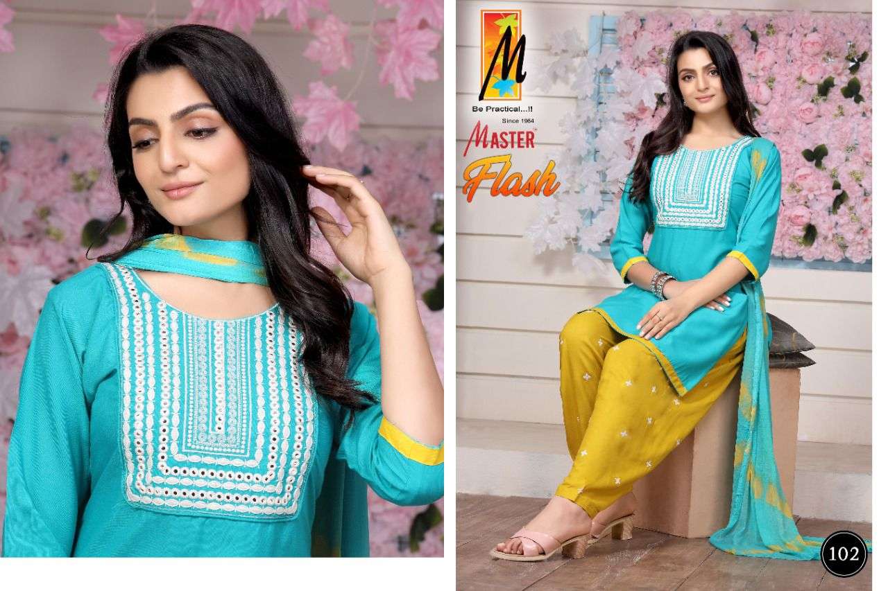 FLASH BY MASTER 101 TO 108 SERIES BEAUTIFUL PATIYALA SUITS COLORFUL STYLISH FANCY CASUAL WEAR & ETHNIC WEAR RAYON WITH WORK DRESSES AT WHOLESALE PRICE