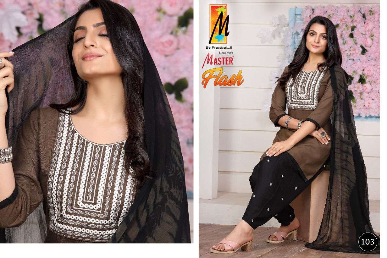 FLASH BY MASTER 101 TO 108 SERIES BEAUTIFUL PATIYALA SUITS COLORFUL STYLISH FANCY CASUAL WEAR & ETHNIC WEAR RAYON WITH WORK DRESSES AT WHOLESALE PRICE