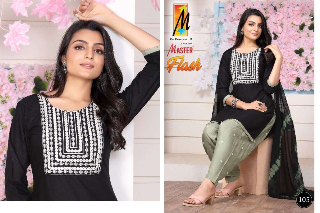 FLASH BY MASTER 101 TO 108 SERIES BEAUTIFUL PATIYALA SUITS COLORFUL STYLISH FANCY CASUAL WEAR & ETHNIC WEAR RAYON WITH WORK DRESSES AT WHOLESALE PRICE