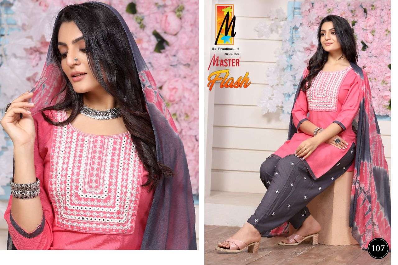 FLASH BY MASTER 101 TO 108 SERIES BEAUTIFUL PATIYALA SUITS COLORFUL STYLISH FANCY CASUAL WEAR & ETHNIC WEAR RAYON WITH WORK DRESSES AT WHOLESALE PRICE