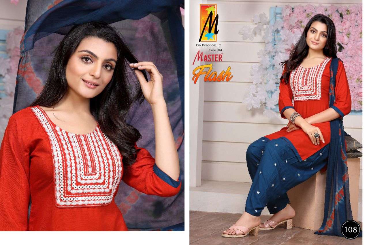 FLASH BY MASTER 101 TO 108 SERIES BEAUTIFUL PATIYALA SUITS COLORFUL STYLISH FANCY CASUAL WEAR & ETHNIC WEAR RAYON WITH WORK DRESSES AT WHOLESALE PRICE