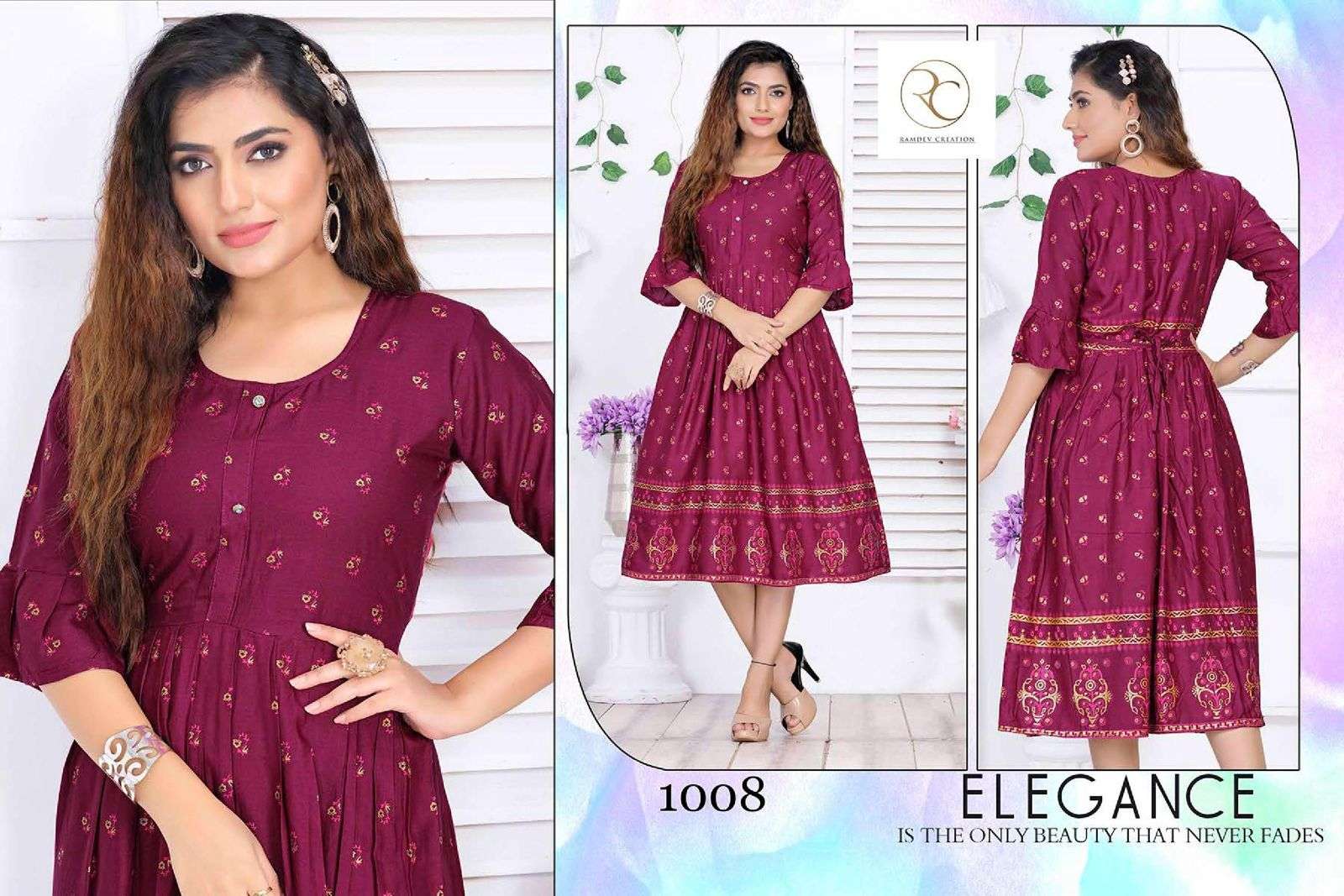 GOLDY VOL-5 BY RC 1001 TO 1008 SERIES BEAUTIFUL STYLISH FANCY COLORFUL CASUAL WEAR & ETHNIC WEAR RAYON PRINT KURTIS AT WHOLESALE PRICE