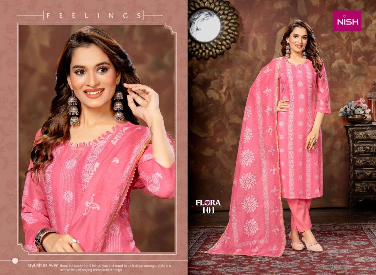 FLORA BY NISH 101 TO 108 SERIES BEAUTIFUL SUITS COLORFUL STYLISH FANCY CASUAL WEAR & ETHNIC WEAR CHINNON PRINT DRESSES AT WHOLESALE PRICE