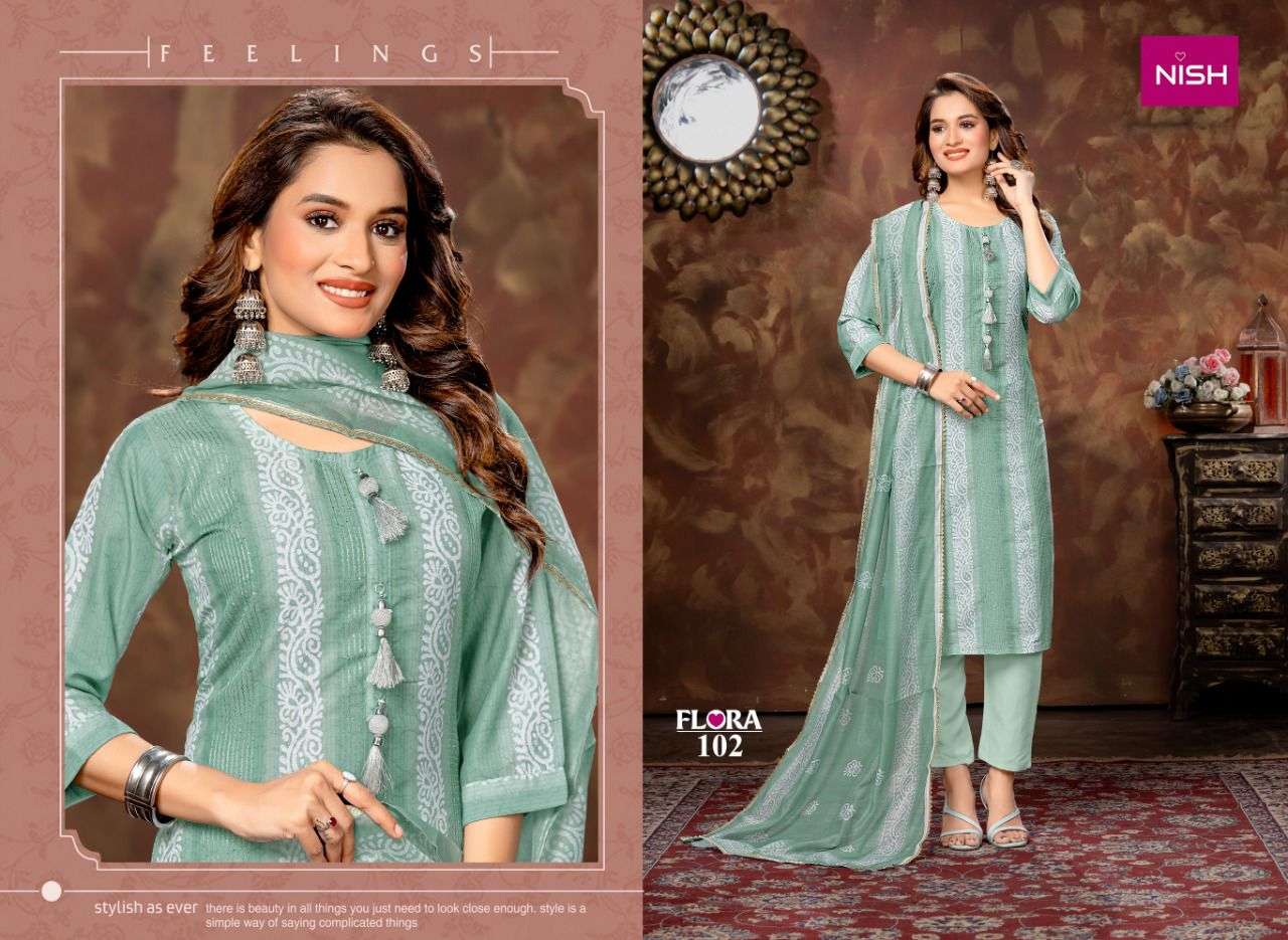 FLORA BY NISH 101 TO 108 SERIES BEAUTIFUL SUITS COLORFUL STYLISH FANCY CASUAL WEAR & ETHNIC WEAR CHINNON PRINT DRESSES AT WHOLESALE PRICE