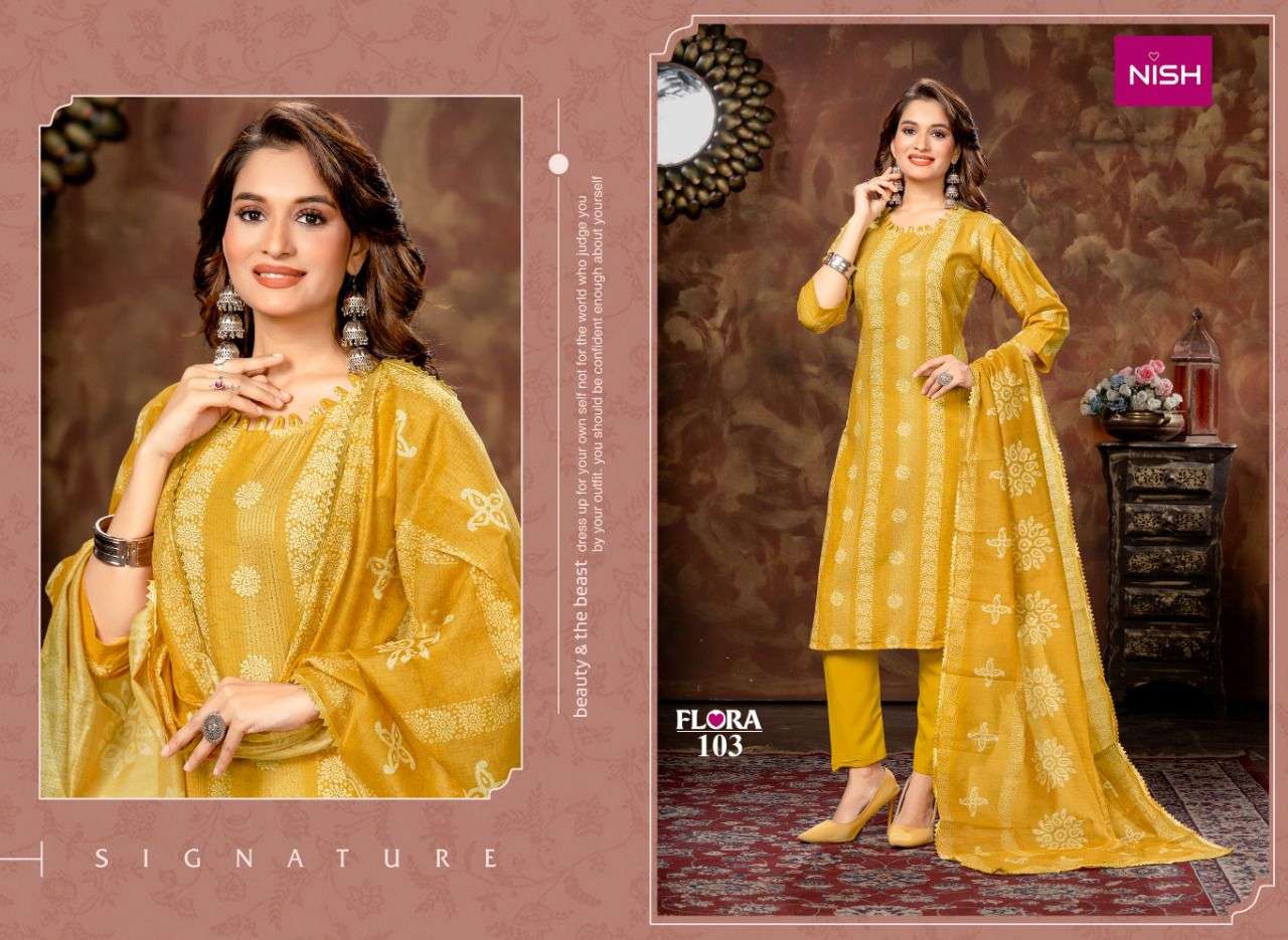 FLORA BY NISH 101 TO 108 SERIES BEAUTIFUL SUITS COLORFUL STYLISH FANCY CASUAL WEAR & ETHNIC WEAR CHINNON PRINT DRESSES AT WHOLESALE PRICE