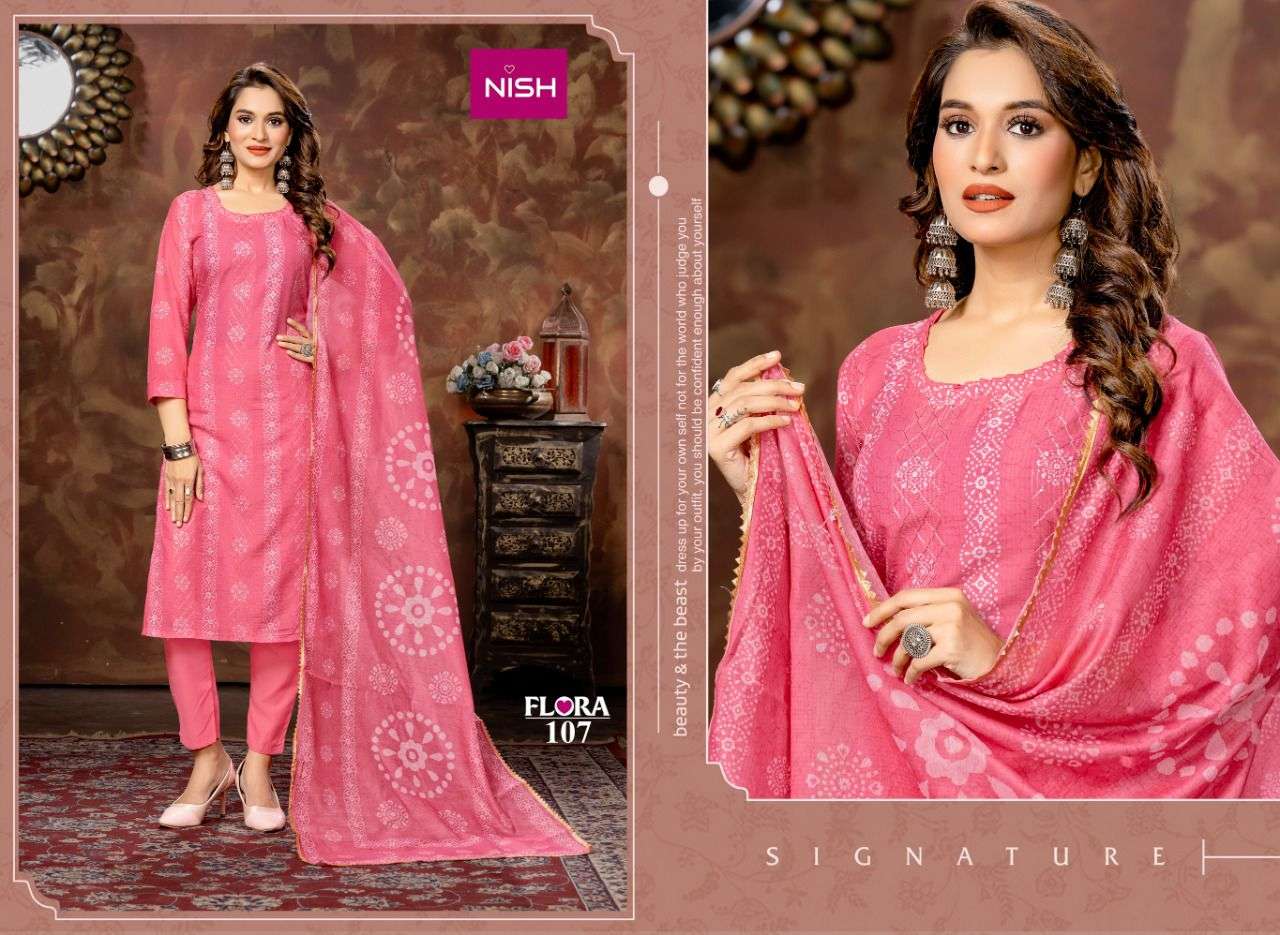 FLORA BY NISH 101 TO 108 SERIES BEAUTIFUL SUITS COLORFUL STYLISH FANCY CASUAL WEAR & ETHNIC WEAR CHINNON PRINT DRESSES AT WHOLESALE PRICE