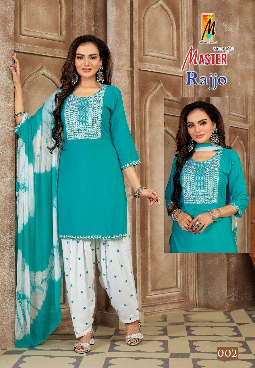 RAJJO BY MASTER 001 TO 008 SERIES BEAUTIFUL PATIYALA SUITS COLORFUL STYLISH FANCY CASUAL WEAR & ETHNIC WEAR RAYON WITH WORK DRESSES AT WHOLESALE PRICE