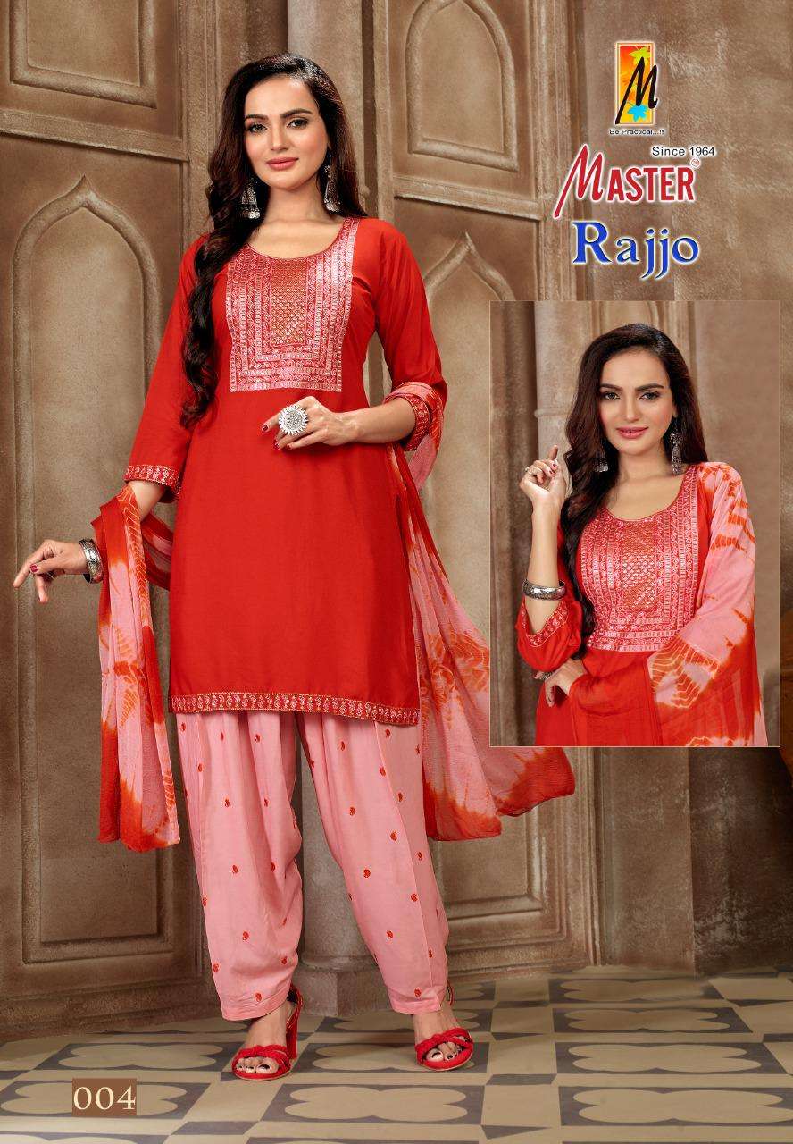 RAJJO BY MASTER 001 TO 008 SERIES BEAUTIFUL PATIYALA SUITS COLORFUL STYLISH FANCY CASUAL WEAR & ETHNIC WEAR RAYON WITH WORK DRESSES AT WHOLESALE PRICE