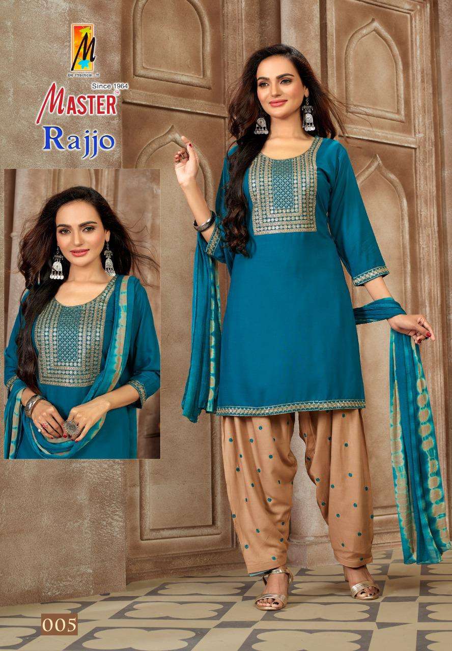 RAJJO BY MASTER 001 TO 008 SERIES BEAUTIFUL PATIYALA SUITS COLORFUL STYLISH FANCY CASUAL WEAR & ETHNIC WEAR RAYON WITH WORK DRESSES AT WHOLESALE PRICE