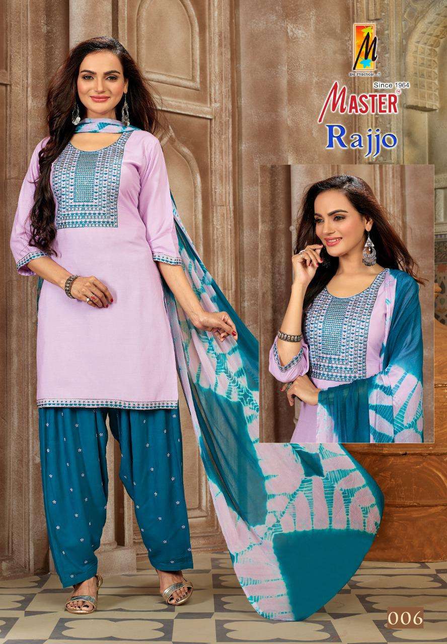 RAJJO BY MASTER 001 TO 008 SERIES BEAUTIFUL PATIYALA SUITS COLORFUL STYLISH FANCY CASUAL WEAR & ETHNIC WEAR RAYON WITH WORK DRESSES AT WHOLESALE PRICE