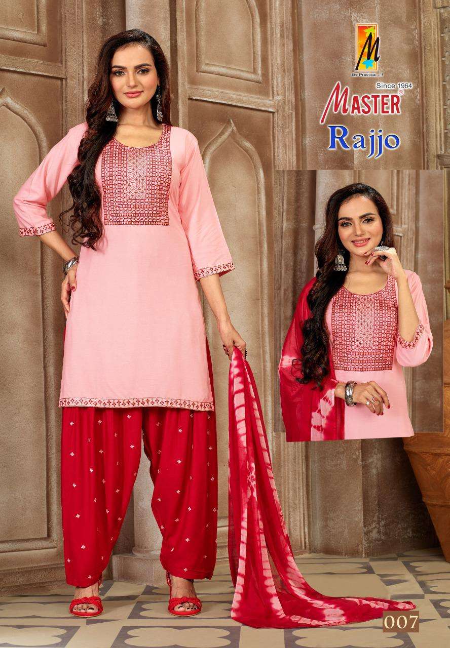 RAJJO BY MASTER 001 TO 008 SERIES BEAUTIFUL PATIYALA SUITS COLORFUL STYLISH FANCY CASUAL WEAR & ETHNIC WEAR RAYON WITH WORK DRESSES AT WHOLESALE PRICE