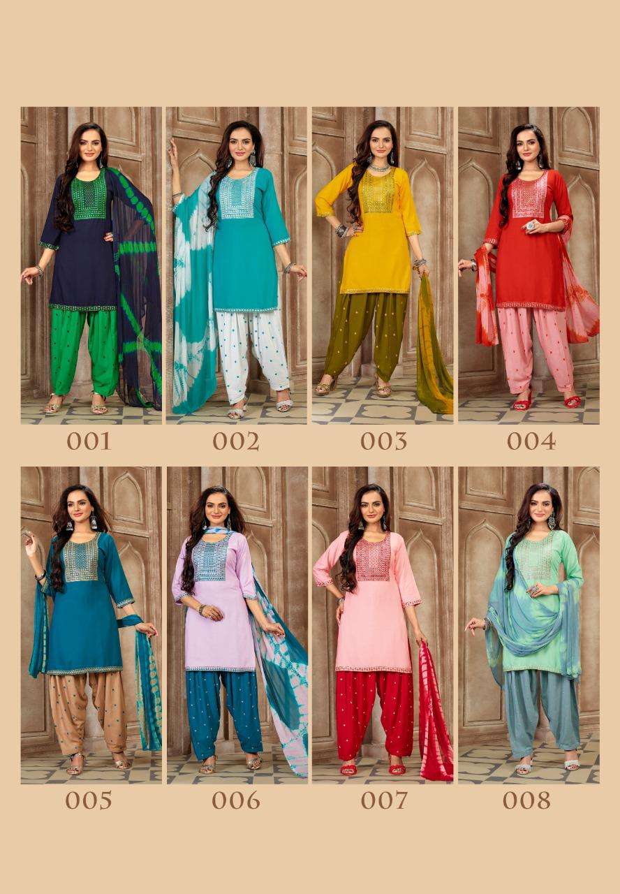 RAJJO BY MASTER 001 TO 008 SERIES BEAUTIFUL PATIYALA SUITS COLORFUL STYLISH FANCY CASUAL WEAR & ETHNIC WEAR RAYON WITH WORK DRESSES AT WHOLESALE PRICE