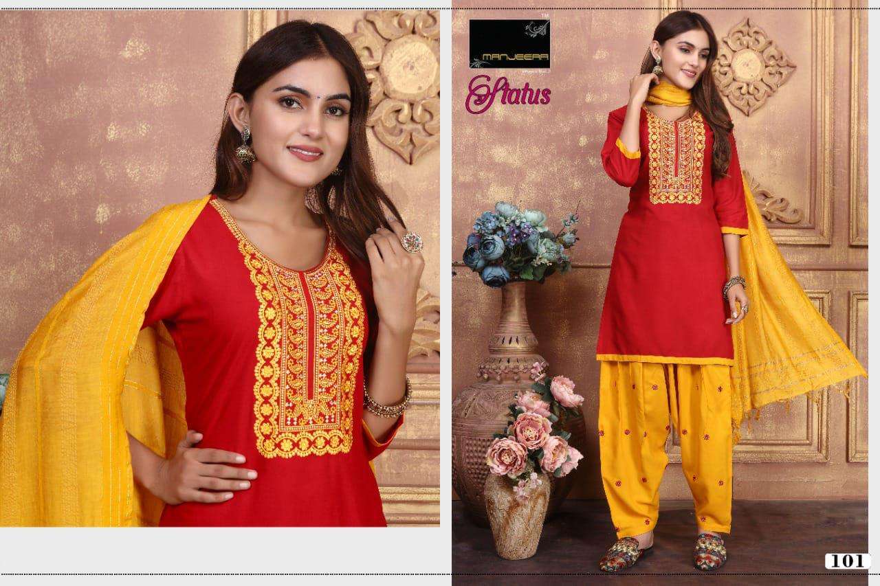 STATUS BY MANJEERA 101 TO 108 SERIES BEAUTIFUL PATIYALA SUITS COLORFUL STYLISH FANCY CASUAL WEAR & ETHNIC WEAR RAYON WITH WORK DRESSES AT WHOLESALE PRICE