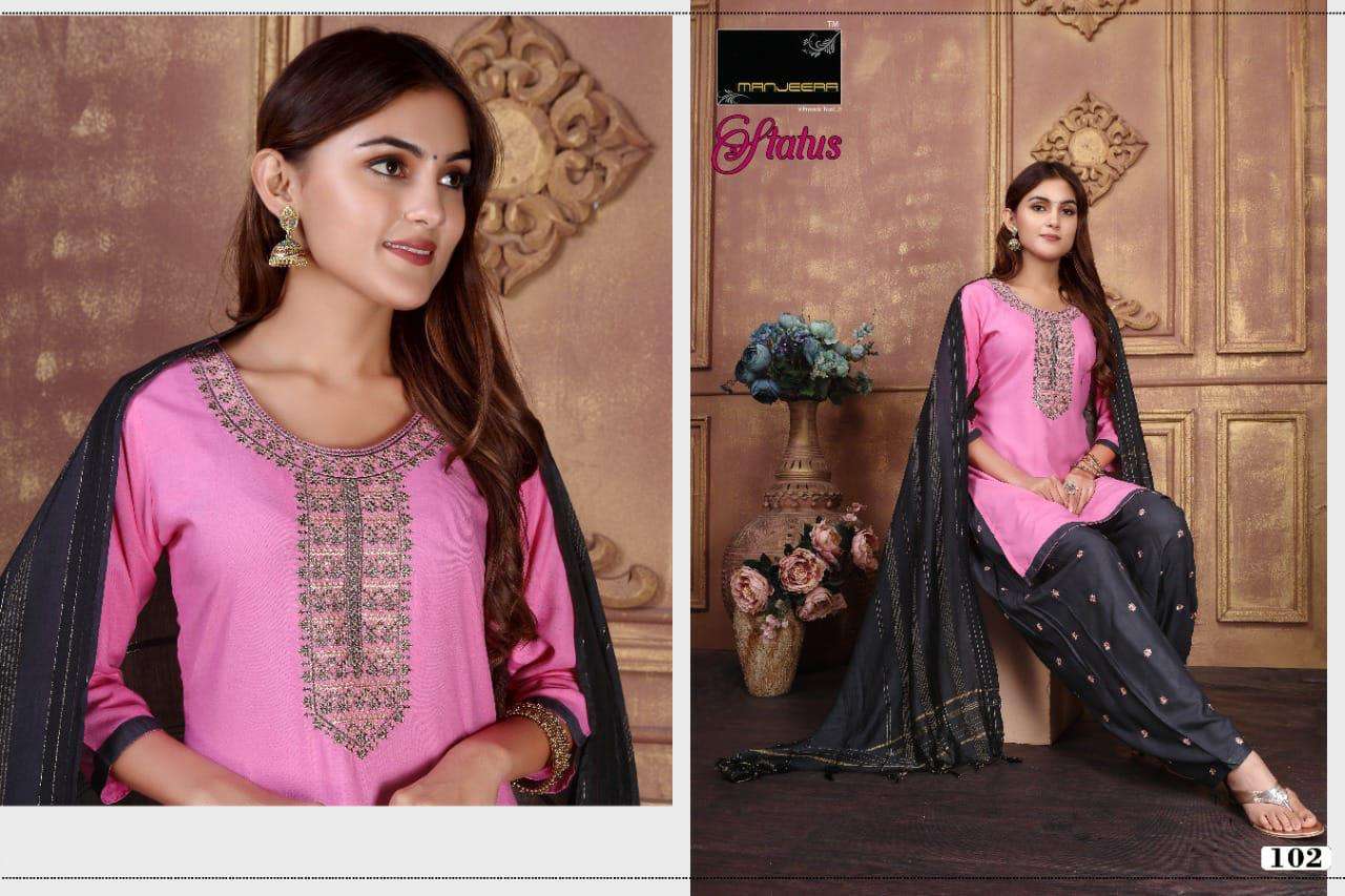 STATUS BY MANJEERA 101 TO 108 SERIES BEAUTIFUL PATIYALA SUITS COLORFUL STYLISH FANCY CASUAL WEAR & ETHNIC WEAR RAYON WITH WORK DRESSES AT WHOLESALE PRICE