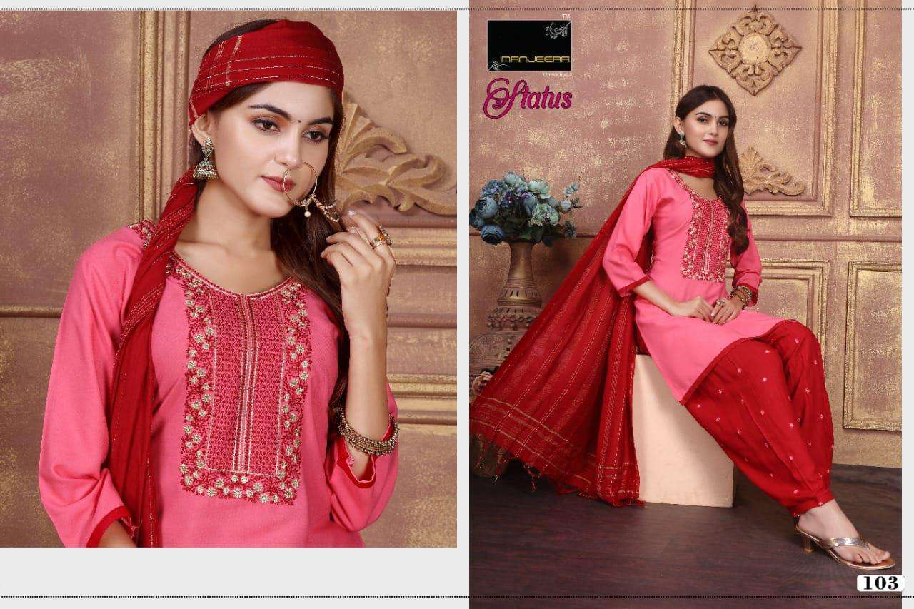 STATUS BY MANJEERA 101 TO 108 SERIES BEAUTIFUL PATIYALA SUITS COLORFUL STYLISH FANCY CASUAL WEAR & ETHNIC WEAR RAYON WITH WORK DRESSES AT WHOLESALE PRICE