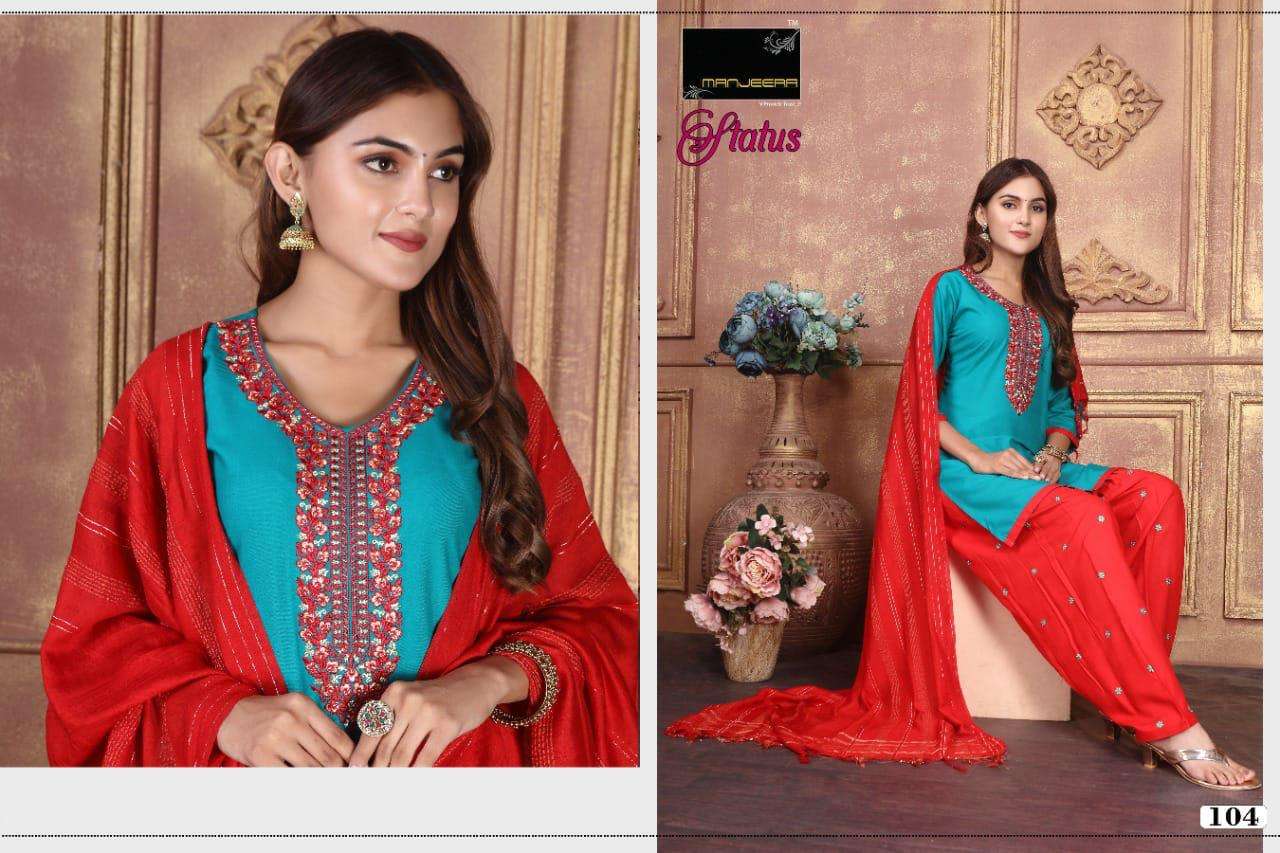 STATUS BY MANJEERA 101 TO 108 SERIES BEAUTIFUL PATIYALA SUITS COLORFUL STYLISH FANCY CASUAL WEAR & ETHNIC WEAR RAYON WITH WORK DRESSES AT WHOLESALE PRICE