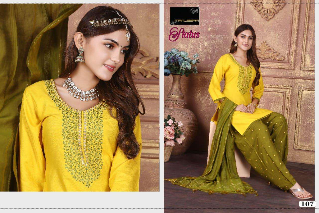 STATUS BY MANJEERA 101 TO 108 SERIES BEAUTIFUL PATIYALA SUITS COLORFUL STYLISH FANCY CASUAL WEAR & ETHNIC WEAR RAYON WITH WORK DRESSES AT WHOLESALE PRICE