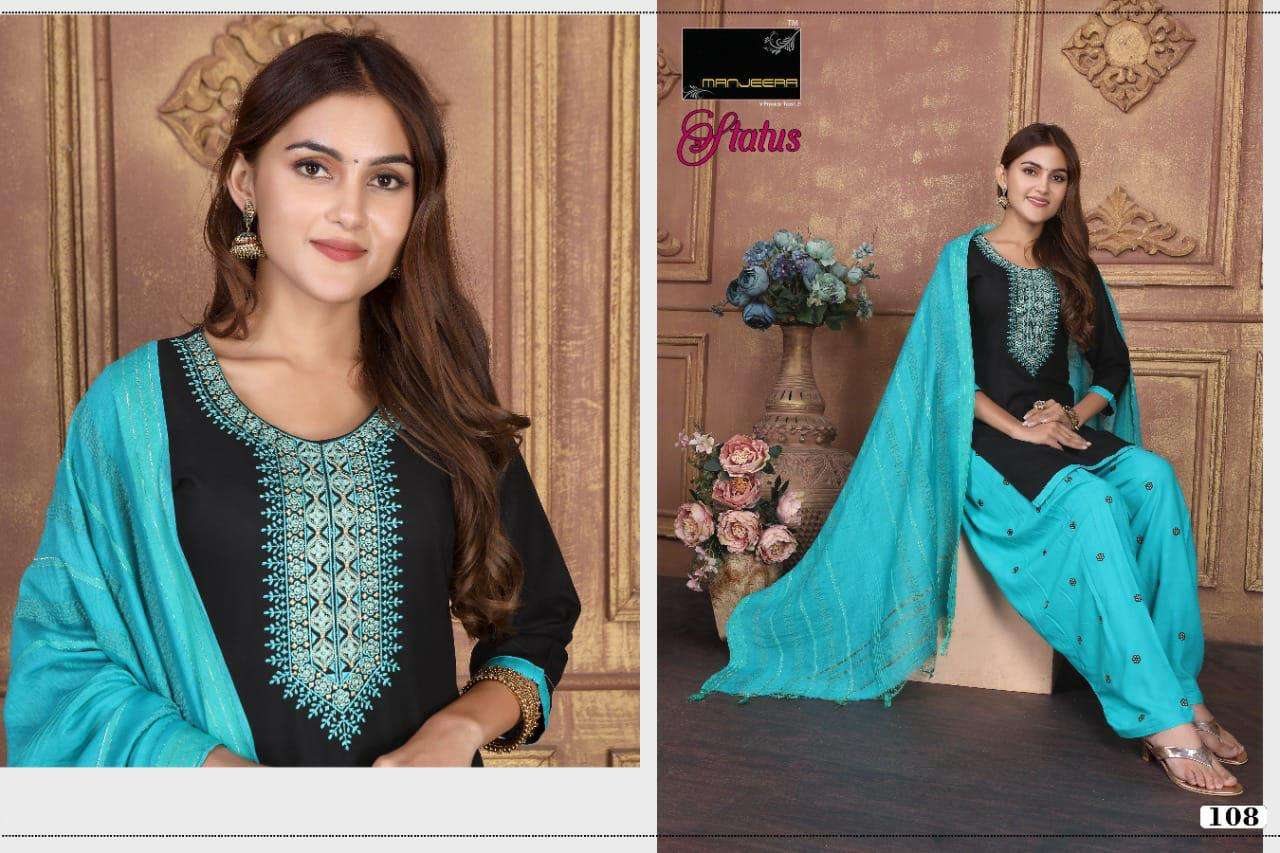 STATUS BY MANJEERA 101 TO 108 SERIES BEAUTIFUL PATIYALA SUITS COLORFUL STYLISH FANCY CASUAL WEAR & ETHNIC WEAR RAYON WITH WORK DRESSES AT WHOLESALE PRICE