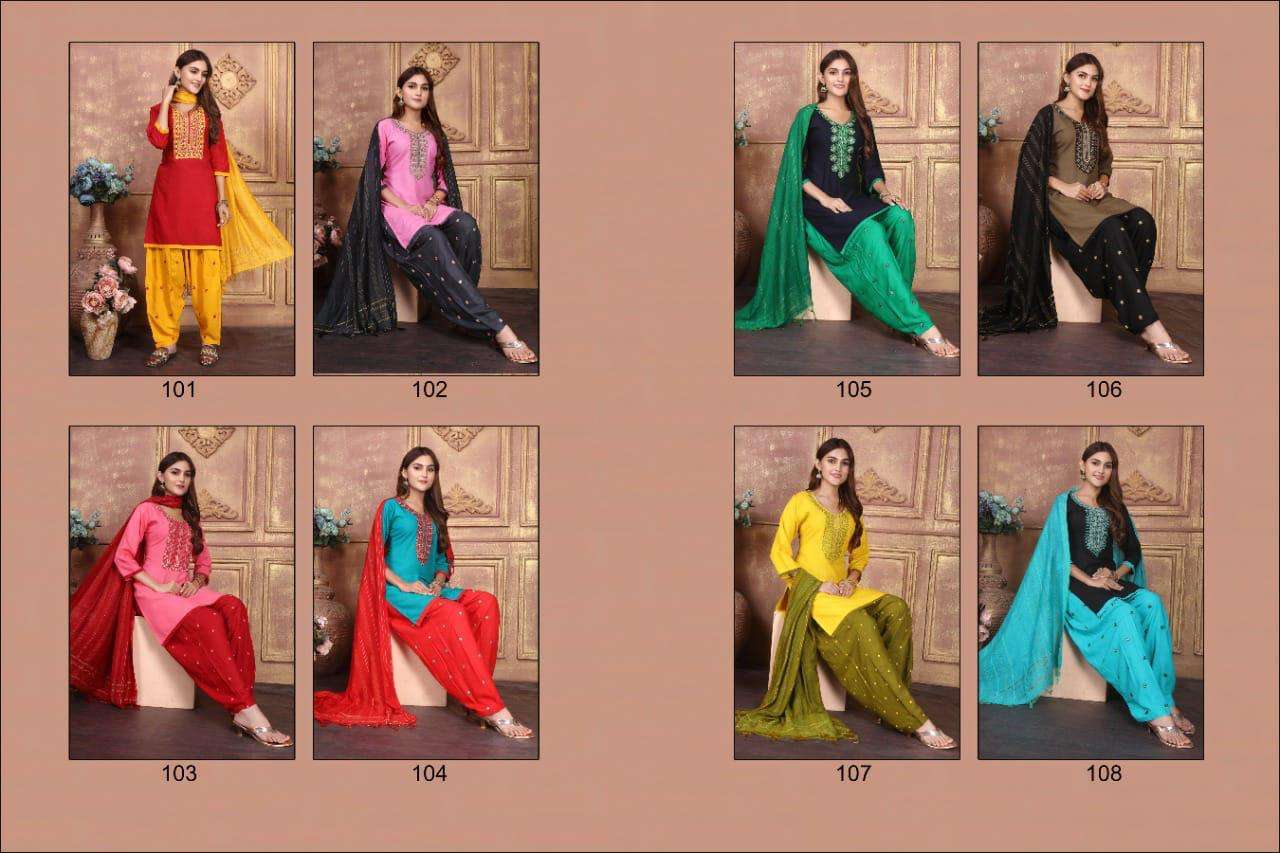 STATUS BY MANJEERA 101 TO 108 SERIES BEAUTIFUL PATIYALA SUITS COLORFUL STYLISH FANCY CASUAL WEAR & ETHNIC WEAR RAYON WITH WORK DRESSES AT WHOLESALE PRICE