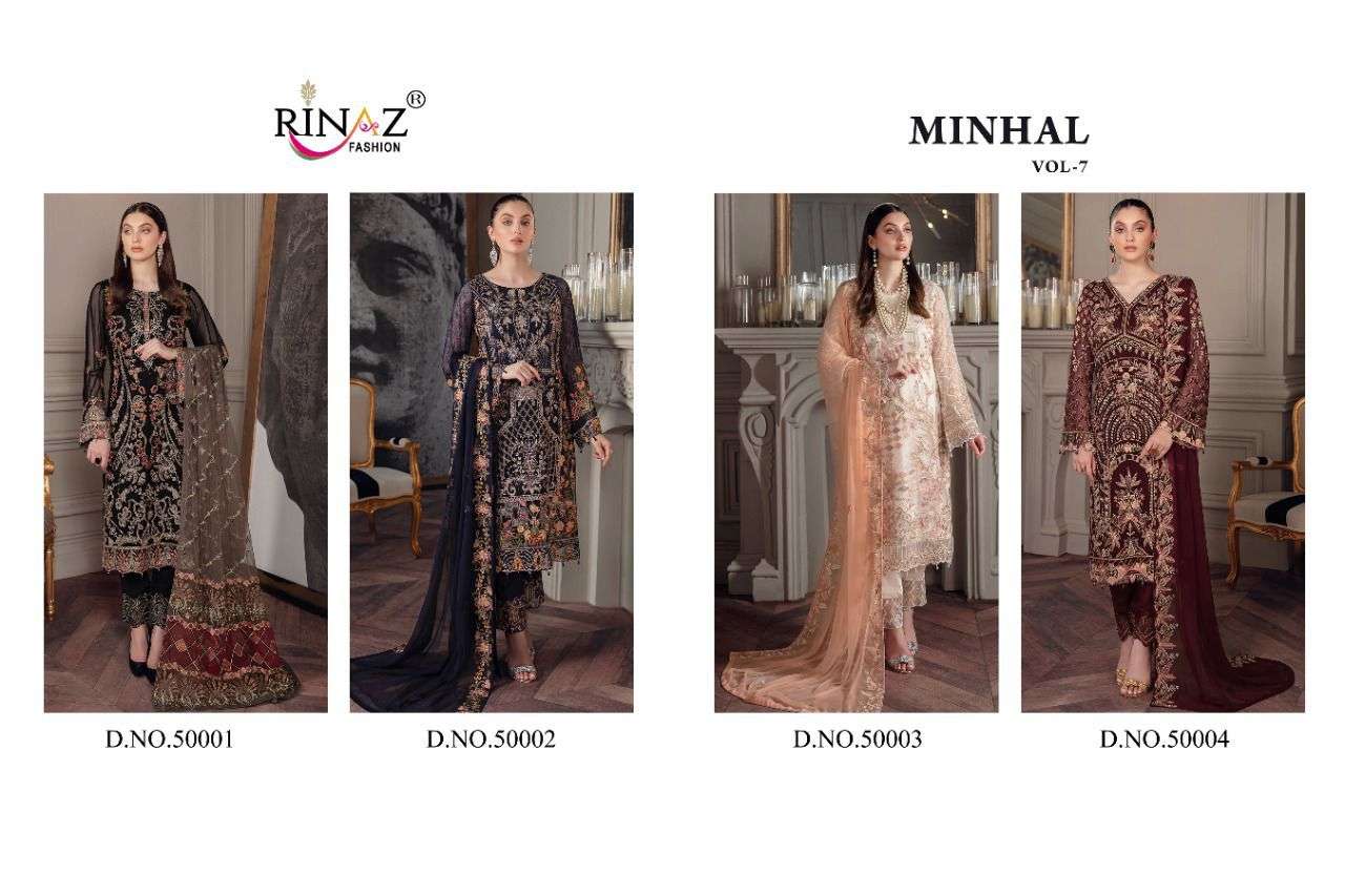 MINHAL VOL-7 BY RINAZ FASHION 50001 TO 50004 SERIES PAKISTANI SUITS BEAUTIFUL FANCY COLORFUL STYLISH PARTY WEAR & OCCASIONAL WEAR FAUX GEORGETTE DRESSES AT WHOLESALE PRICE
