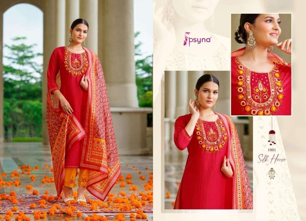 SILK HOUSE BY PSYNA 1001 TO 1006 SERIES SUITS BEAUTIFUL FANCY COLORFUL STYLISH PARTY WEAR & OCCASIONAL WEAR CHINNON SILK DRESSES AT WHOLESALE PRICE