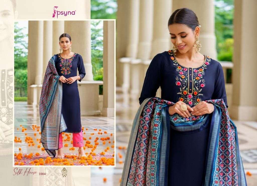 SILK HOUSE BY PSYNA 1001 TO 1006 SERIES SUITS BEAUTIFUL FANCY COLORFUL STYLISH PARTY WEAR & OCCASIONAL WEAR CHINNON SILK DRESSES AT WHOLESALE PRICE