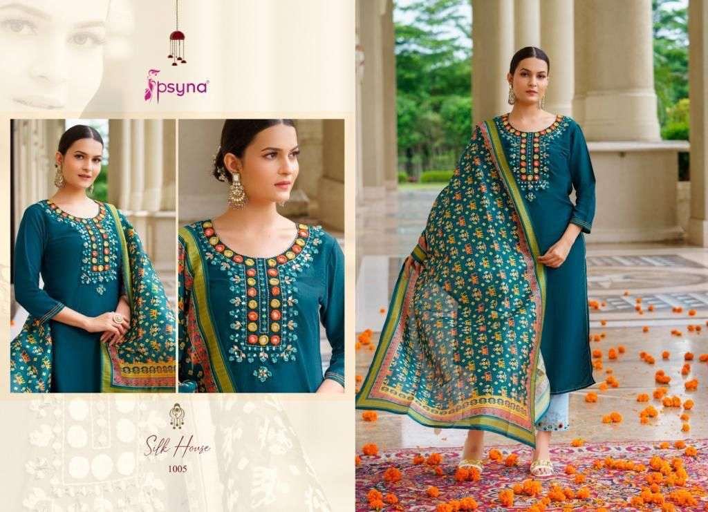 SILK HOUSE BY PSYNA 1001 TO 1006 SERIES SUITS BEAUTIFUL FANCY COLORFUL STYLISH PARTY WEAR & OCCASIONAL WEAR CHINNON SILK DRESSES AT WHOLESALE PRICE