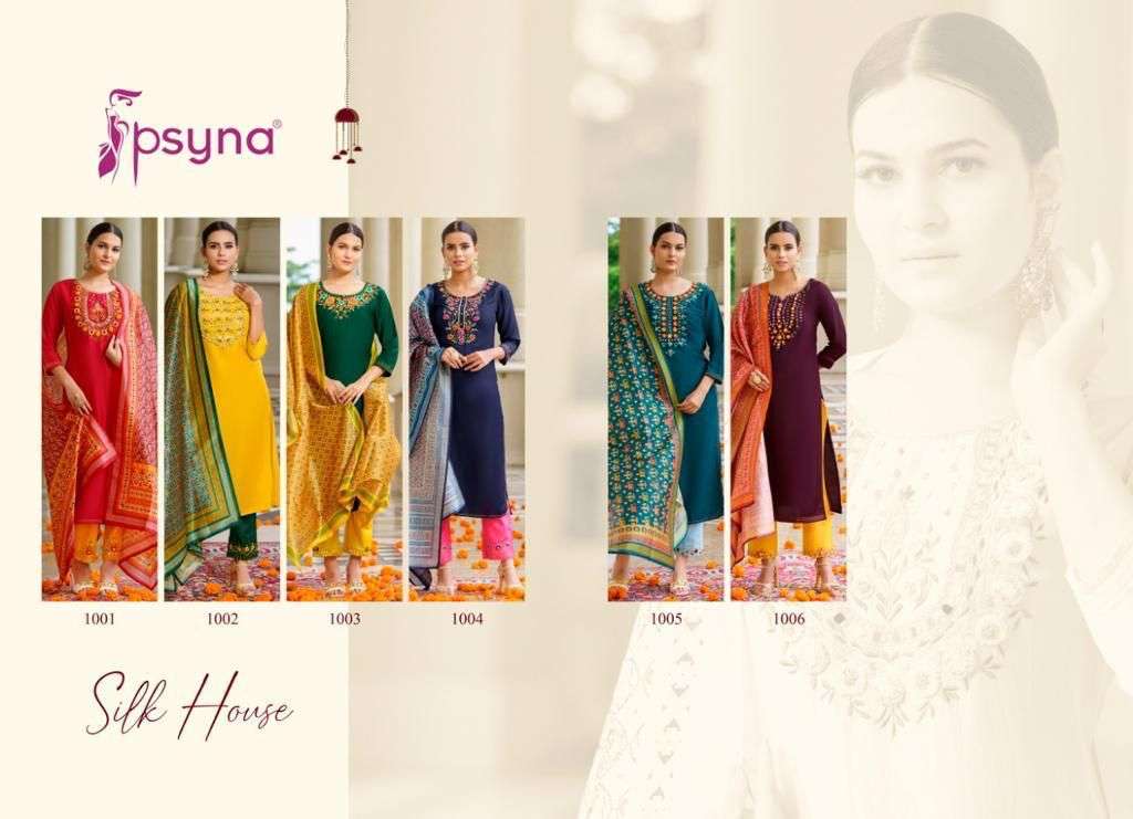 SILK HOUSE BY PSYNA 1001 TO 1006 SERIES SUITS BEAUTIFUL FANCY COLORFUL STYLISH PARTY WEAR & OCCASIONAL WEAR CHINNON SILK DRESSES AT WHOLESALE PRICE