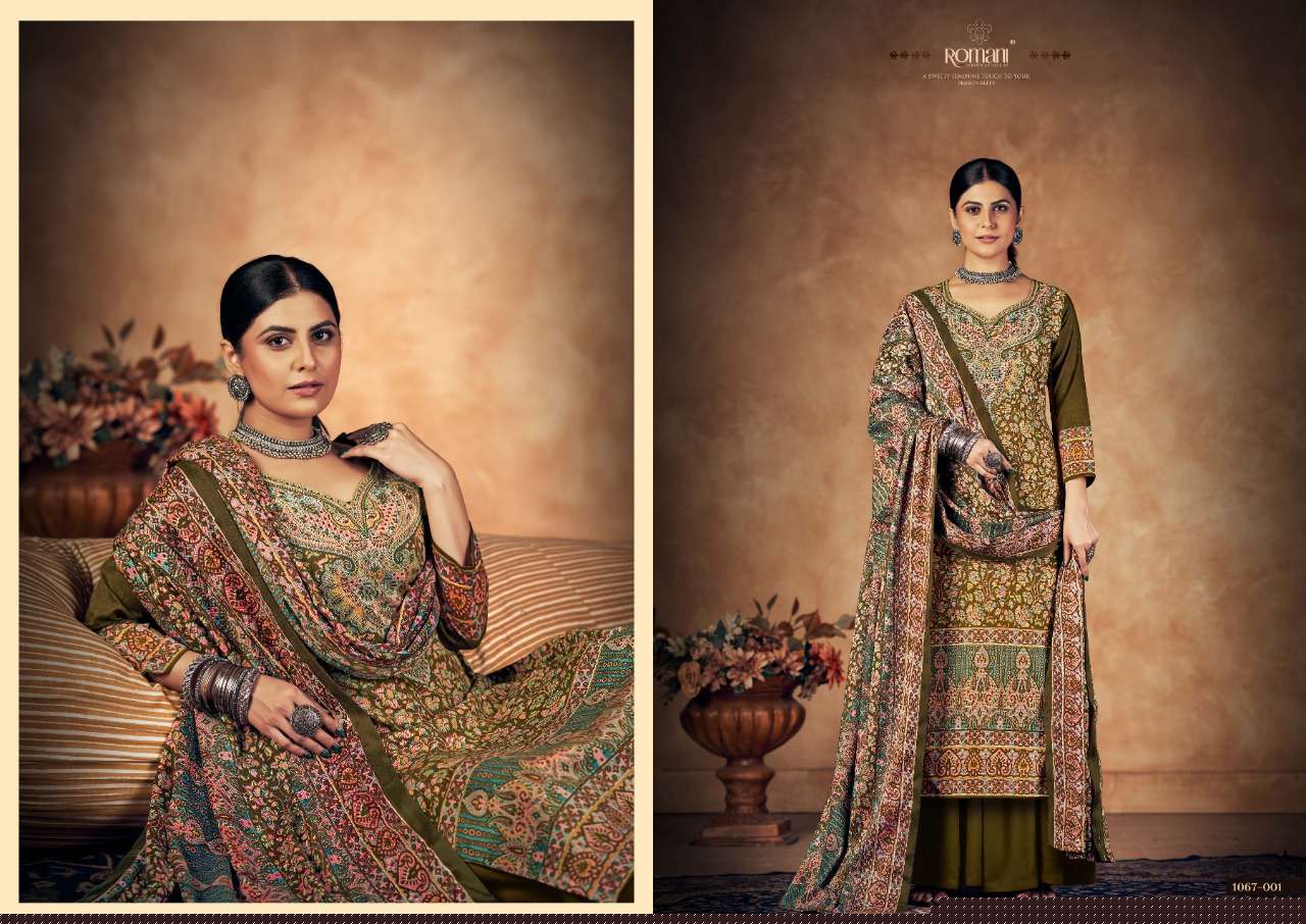 Kashmiri Kali By Romani 1067-001 To 1067-010 Series Beautiful Suits Colorful Stylish Fancy Casual Wear & Ethnic Wear Pure Pashmina Print With Work Dresses At Wholesale Price