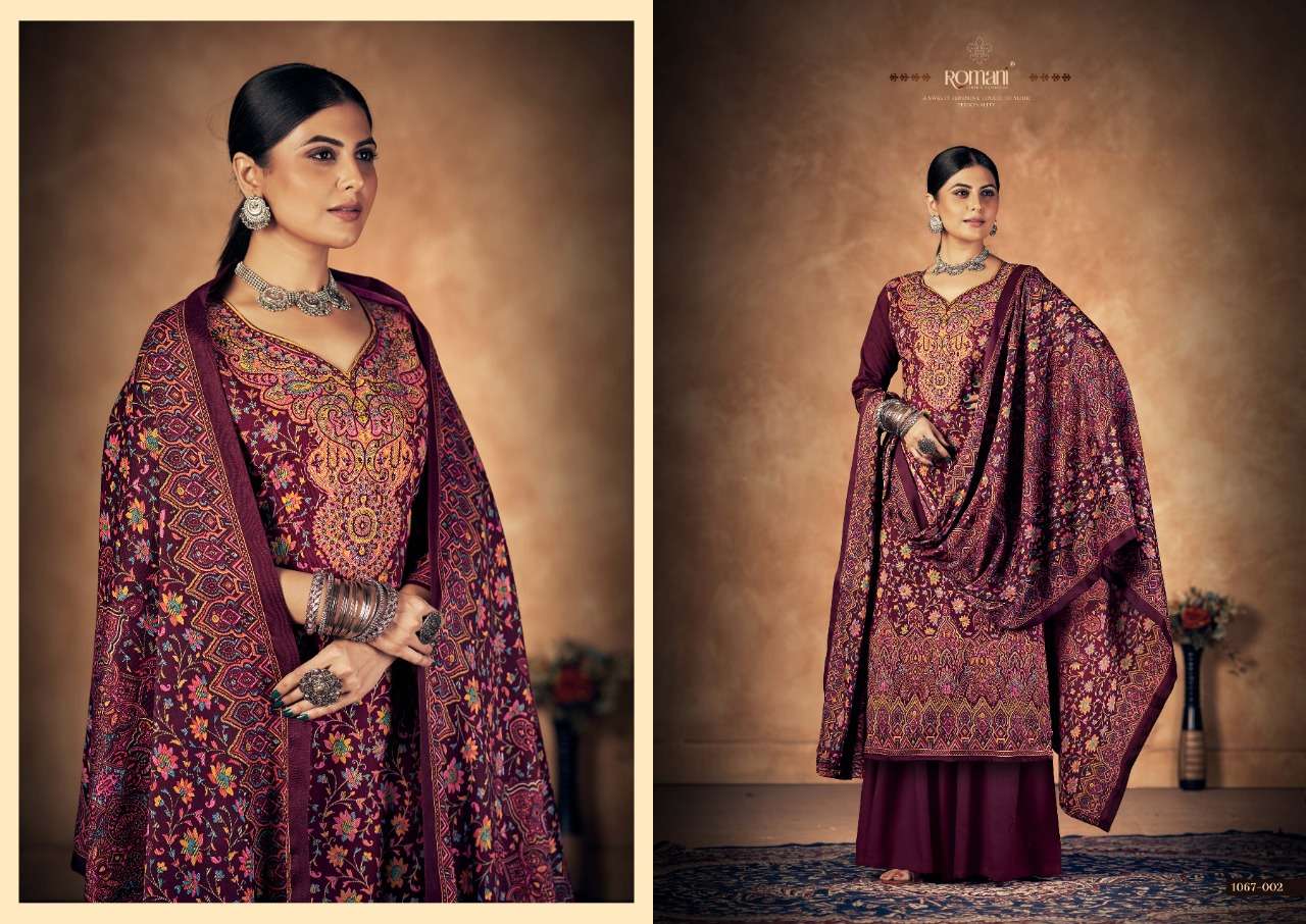 Kashmiri Kali By Romani 1067-001 To 1067-010 Series Beautiful Suits Colorful Stylish Fancy Casual Wear & Ethnic Wear Pure Pashmina Print With Work Dresses At Wholesale Price