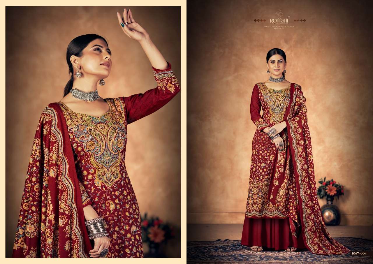 Kashmiri Kali By Romani 1067-001 To 1067-010 Series Beautiful Suits Colorful Stylish Fancy Casual Wear & Ethnic Wear Pure Pashmina Print With Work Dresses At Wholesale Price