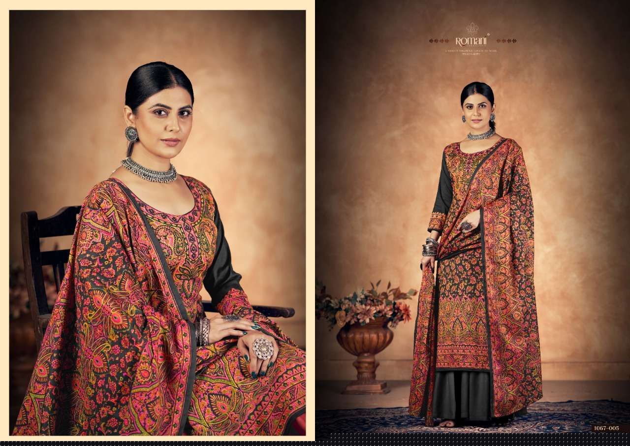 Kashmiri Kali By Romani 1067-001 To 1067-010 Series Beautiful Suits Colorful Stylish Fancy Casual Wear & Ethnic Wear Pure Pashmina Print With Work Dresses At Wholesale Price