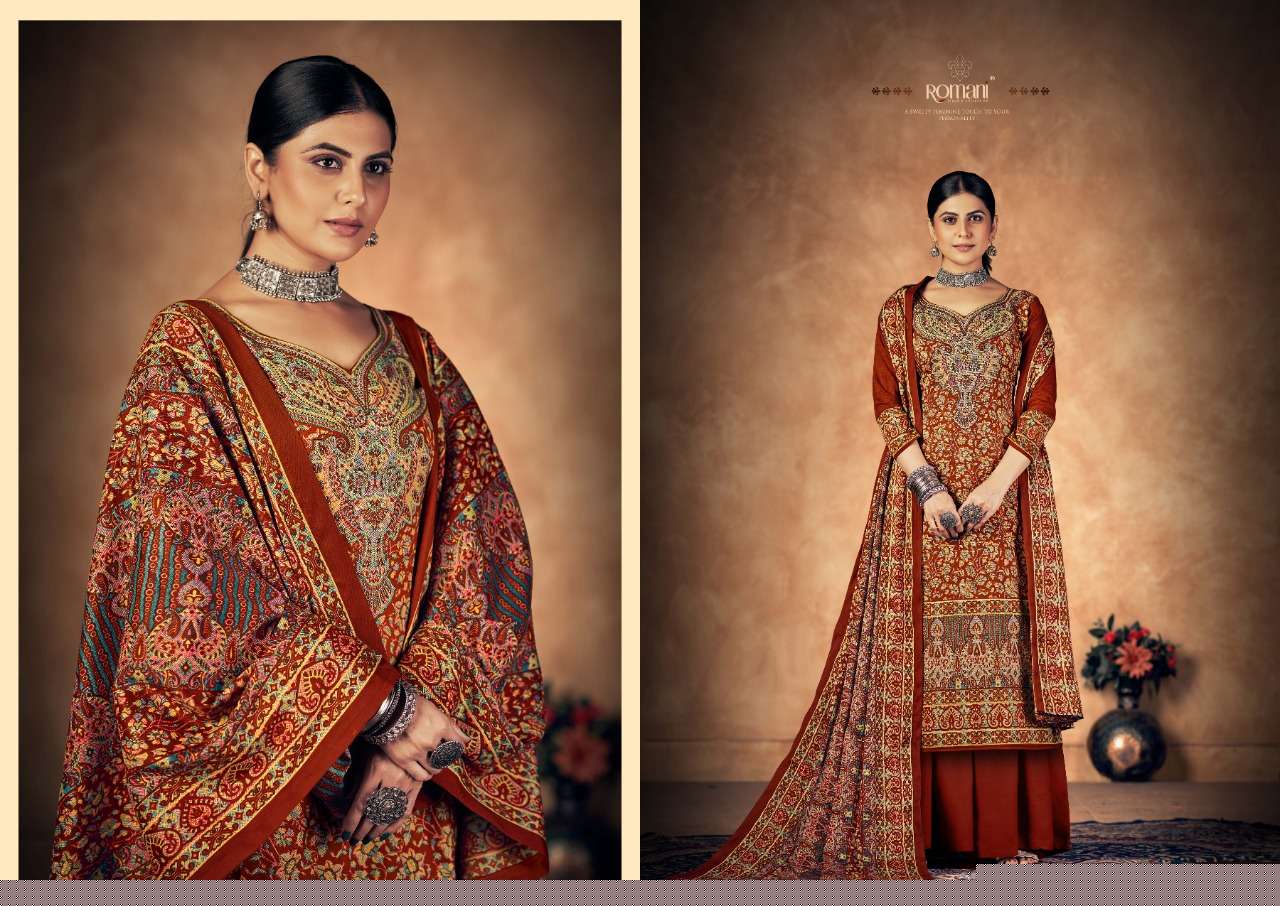 Kashmiri Kali By Romani 1067-001 To 1067-010 Series Beautiful Suits Colorful Stylish Fancy Casual Wear & Ethnic Wear Pure Pashmina Print With Work Dresses At Wholesale Price
