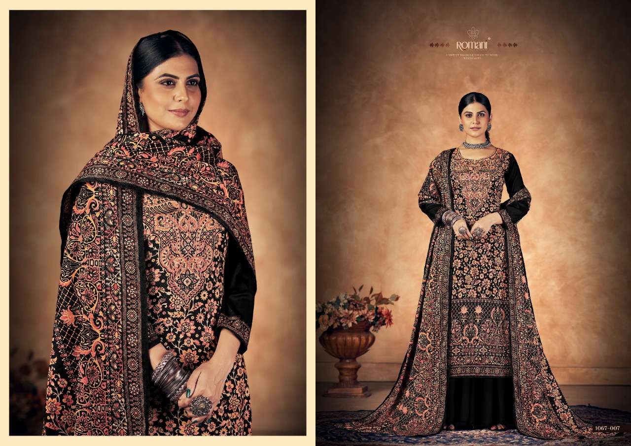 Kashmiri Kali By Romani 1067-001 To 1067-010 Series Beautiful Suits Colorful Stylish Fancy Casual Wear & Ethnic Wear Pure Pashmina Print With Work Dresses At Wholesale Price