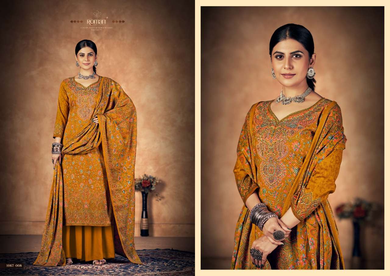 Kashmiri Kali By Romani 1067-001 To 1067-010 Series Beautiful Suits Colorful Stylish Fancy Casual Wear & Ethnic Wear Pure Pashmina Print With Work Dresses At Wholesale Price