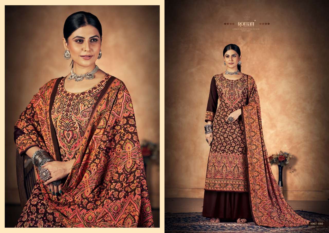 Kashmiri Kali By Romani 1067-001 To 1067-010 Series Beautiful Suits Colorful Stylish Fancy Casual Wear & Ethnic Wear Pure Pashmina Print With Work Dresses At Wholesale Price