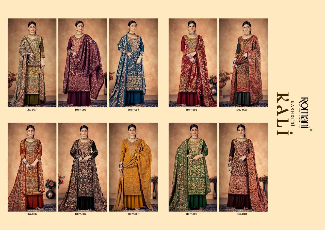 Kashmiri Kali By Romani 1067-001 To 1067-010 Series Beautiful Suits Colorful Stylish Fancy Casual Wear & Ethnic Wear Pure Pashmina Print With Work Dresses At Wholesale Price