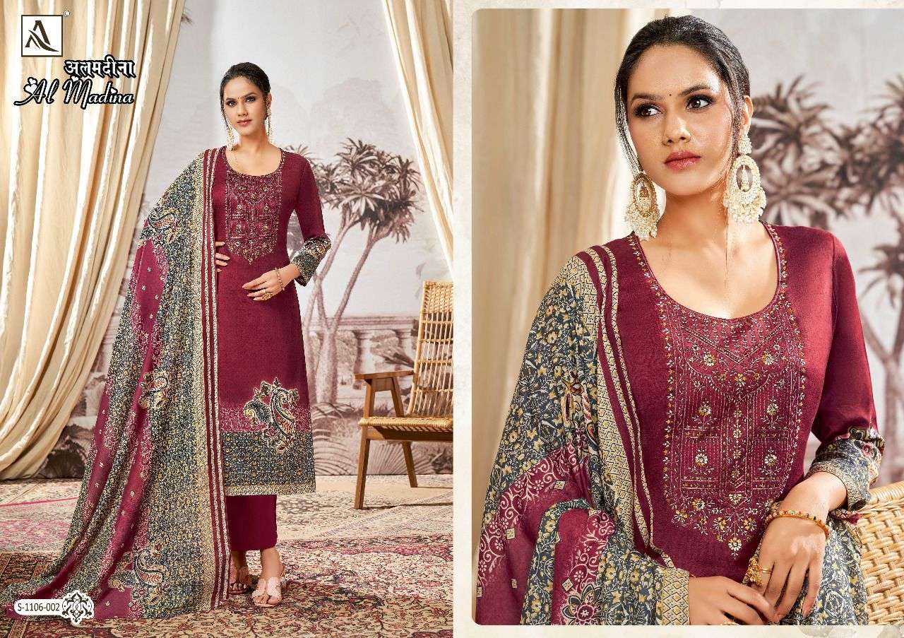 AL MADINA BY ALOK SUITS 1106-001 TO 1106-008 SERIES BEAUTIFUL SUITS COLORFUL STYLISH FANCY CASUAL WEAR & ETHNIC WEAR PURE JAM SATIN PRINT EMBROIDERED DRESSES AT WHOLESALE PRICE