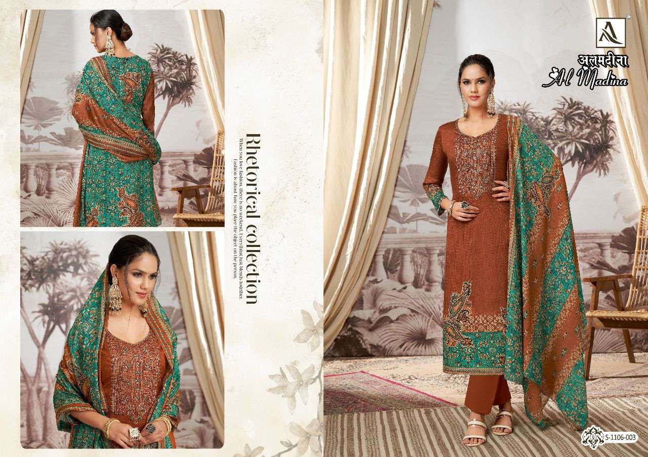 AL MADINA BY ALOK SUITS 1106-001 TO 1106-008 SERIES BEAUTIFUL SUITS COLORFUL STYLISH FANCY CASUAL WEAR & ETHNIC WEAR PURE JAM SATIN PRINT EMBROIDERED DRESSES AT WHOLESALE PRICE