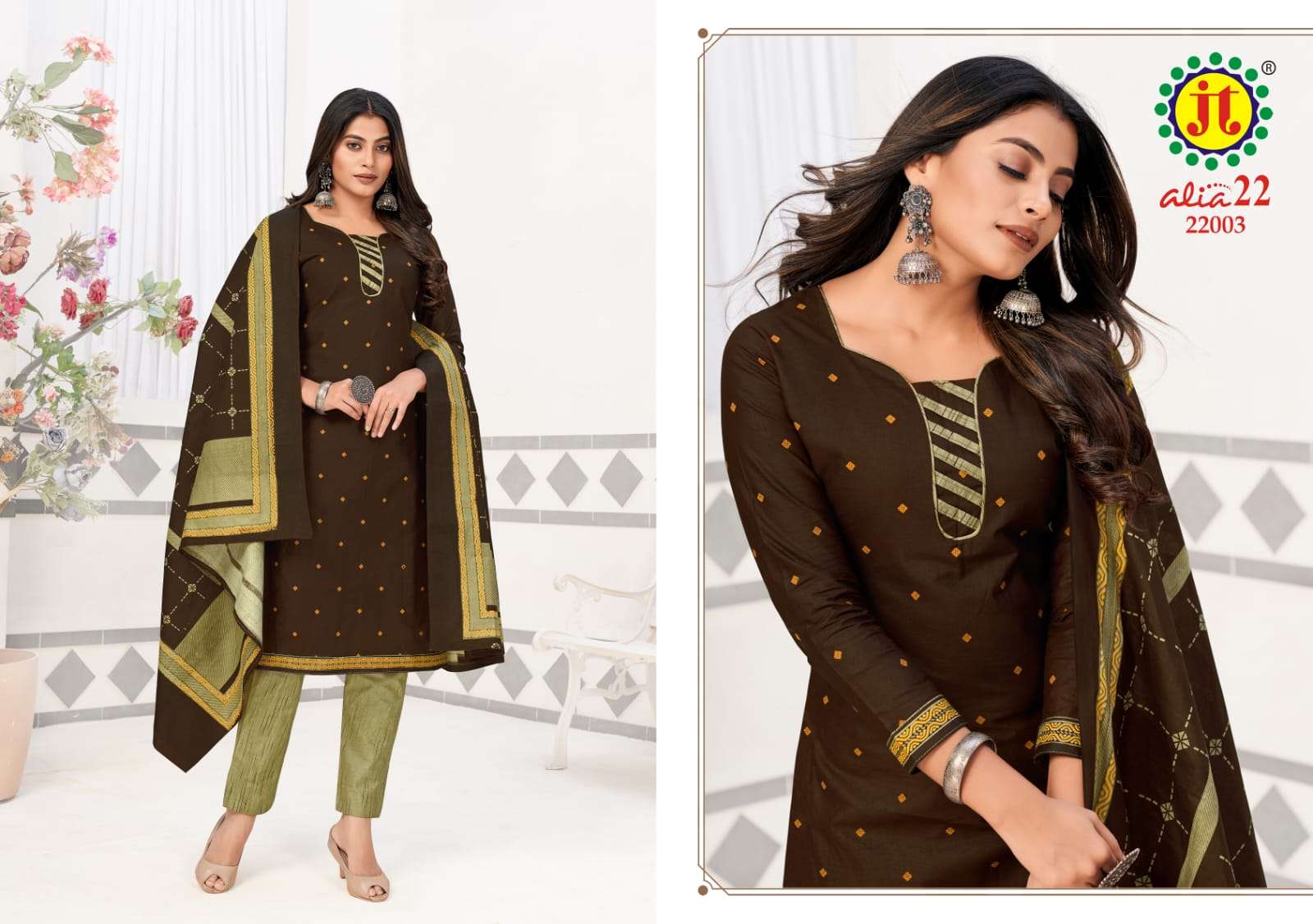 ALIA VOL-22 BY JT 22001 TO 22015 SERIES BEAUTIFUL SUITS COLORFUL STYLISH FANCY CASUAL WEAR & ETHNIC WEAR PURE COTTON PRINT DRESSES AT WHOLESALE PRICE
