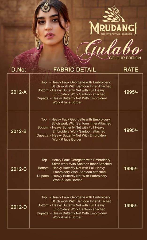 Gulabo Colour Edition Vol-4 By Mrudangi 2012-A To 2012-D Series Beautiful Stylish Sharara Suits Fancy Colorful Casual Wear & Ethnic Wear & Ready To Wear Heavy Georgette Embroidered Dresses At Wholesale Price
