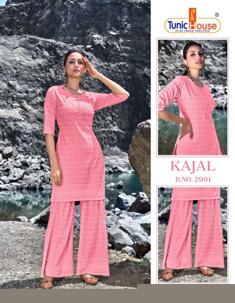 KAJAL BY TUNIC HOUSE 2901 TO 2904 SERIES DESIGNER STYLISH FANCY COLORFUL BEAUTIFUL PARTY WEAR & ETHNIC WEAR COLLECTION RAYON WITH WORK KURTIS WITH BOTTOM AT WHOLESALE PRICE