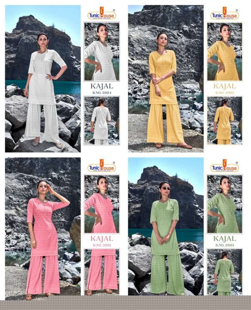 KAJAL BY TUNIC HOUSE 2901 TO 2904 SERIES DESIGNER STYLISH FANCY COLORFUL BEAUTIFUL PARTY WEAR & ETHNIC WEAR COLLECTION RAYON WITH WORK KURTIS WITH BOTTOM AT WHOLESALE PRICE
