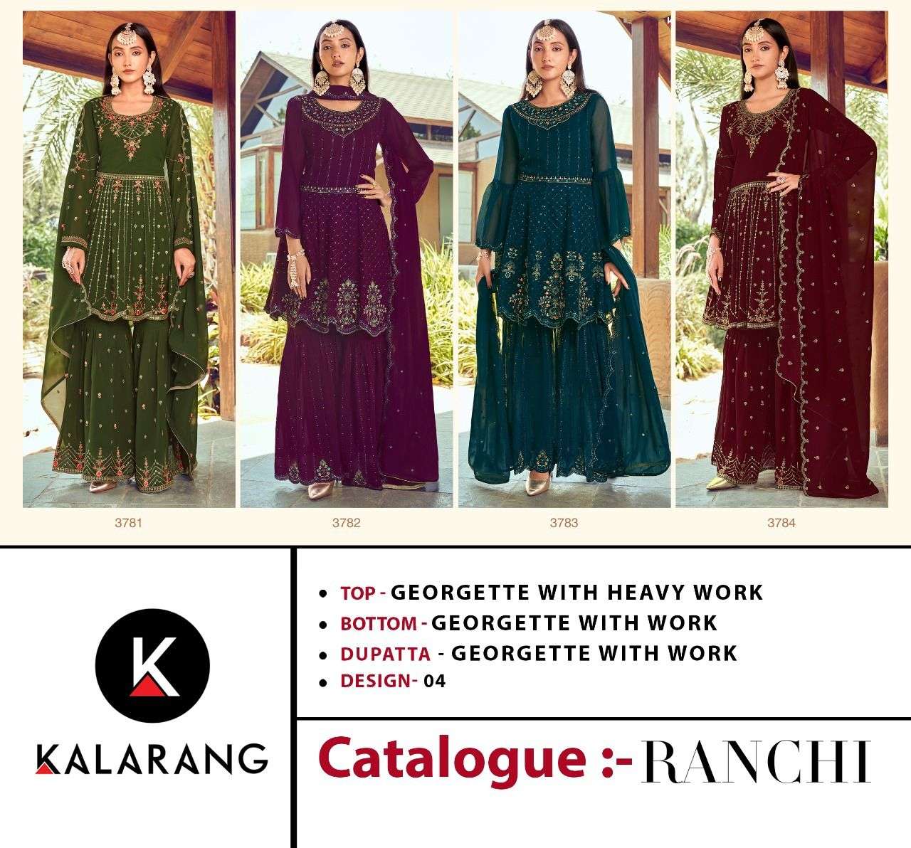 Ranchi By Kalarang 3781 To 3784 Series Beautiful Stylish Sharara Suits Fancy Colorful Casual Wear & Ethnic Wear & Ready To Wear Georgette With Work Dresses At Wholesale Price