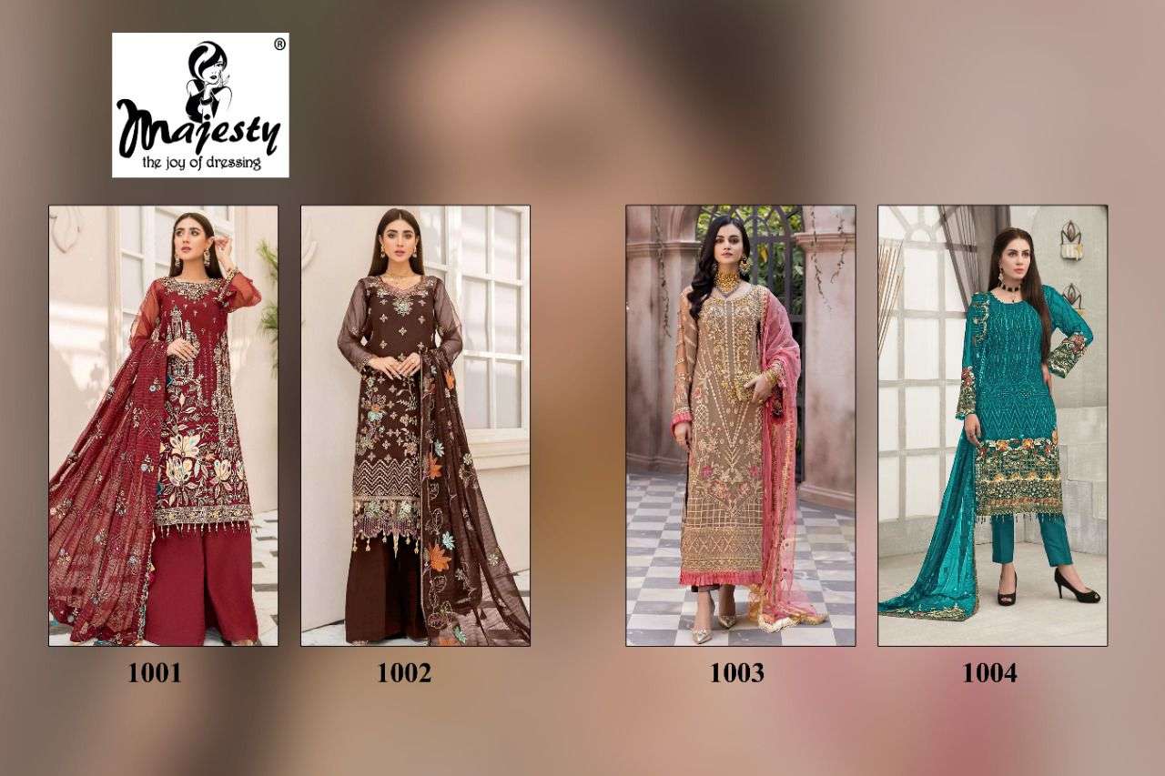 MARYAMS VOL-5 BY MAJESTY 1001 TO 1004 SERIES DESIGNER PAKISTANI SUITS BEAUTIFUL FANCY COLORFUL STYLISH PARTY WEAR & OCCASIONAL WEAR FAUX GEORGETTE DRESSES AT WHOLESALE PRICE