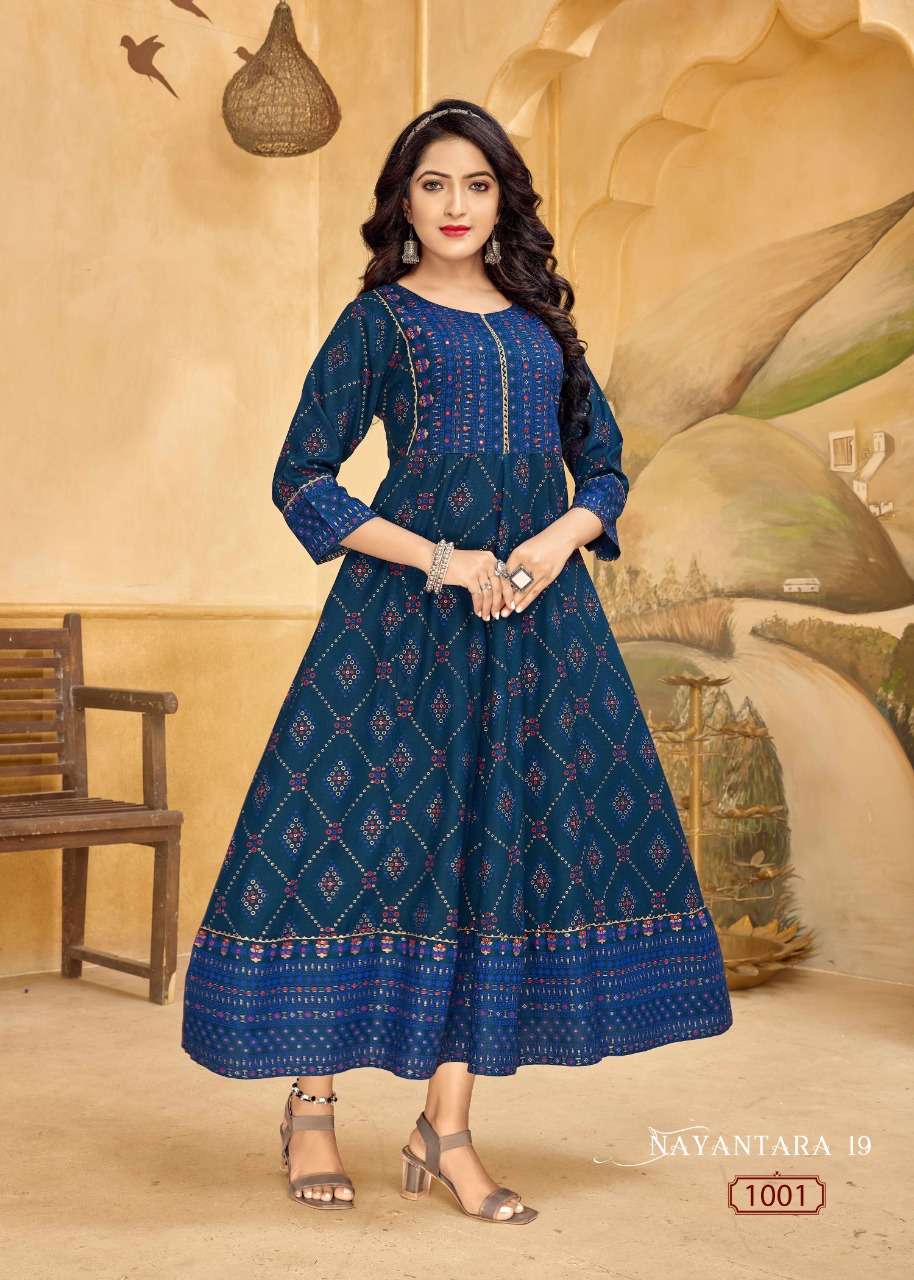 NAYANTARA VOL-19 BY BANWERY FASHION 1001 TO 1004 SERIES DESIGNER STYLISH FANCY COLORFUL BEAUTIFUL PARTY WEAR & ETHNIC WEAR COLLECTION RAYON FOIL KURTIS AT WHOLESALE PRICE