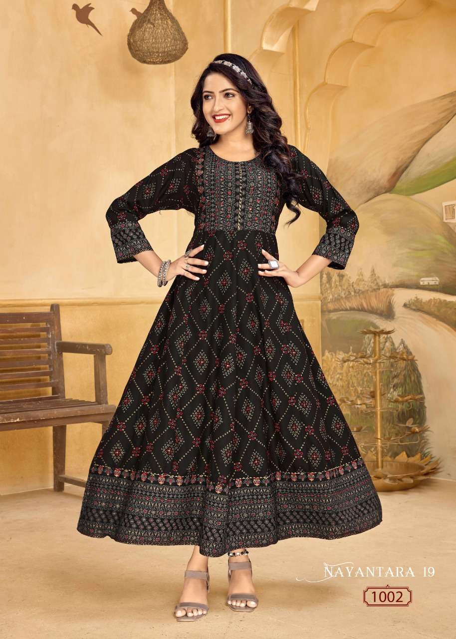 NAYANTARA VOL-19 BY BANWERY FASHION 1001 TO 1004 SERIES DESIGNER STYLISH FANCY COLORFUL BEAUTIFUL PARTY WEAR & ETHNIC WEAR COLLECTION RAYON FOIL KURTIS AT WHOLESALE PRICE