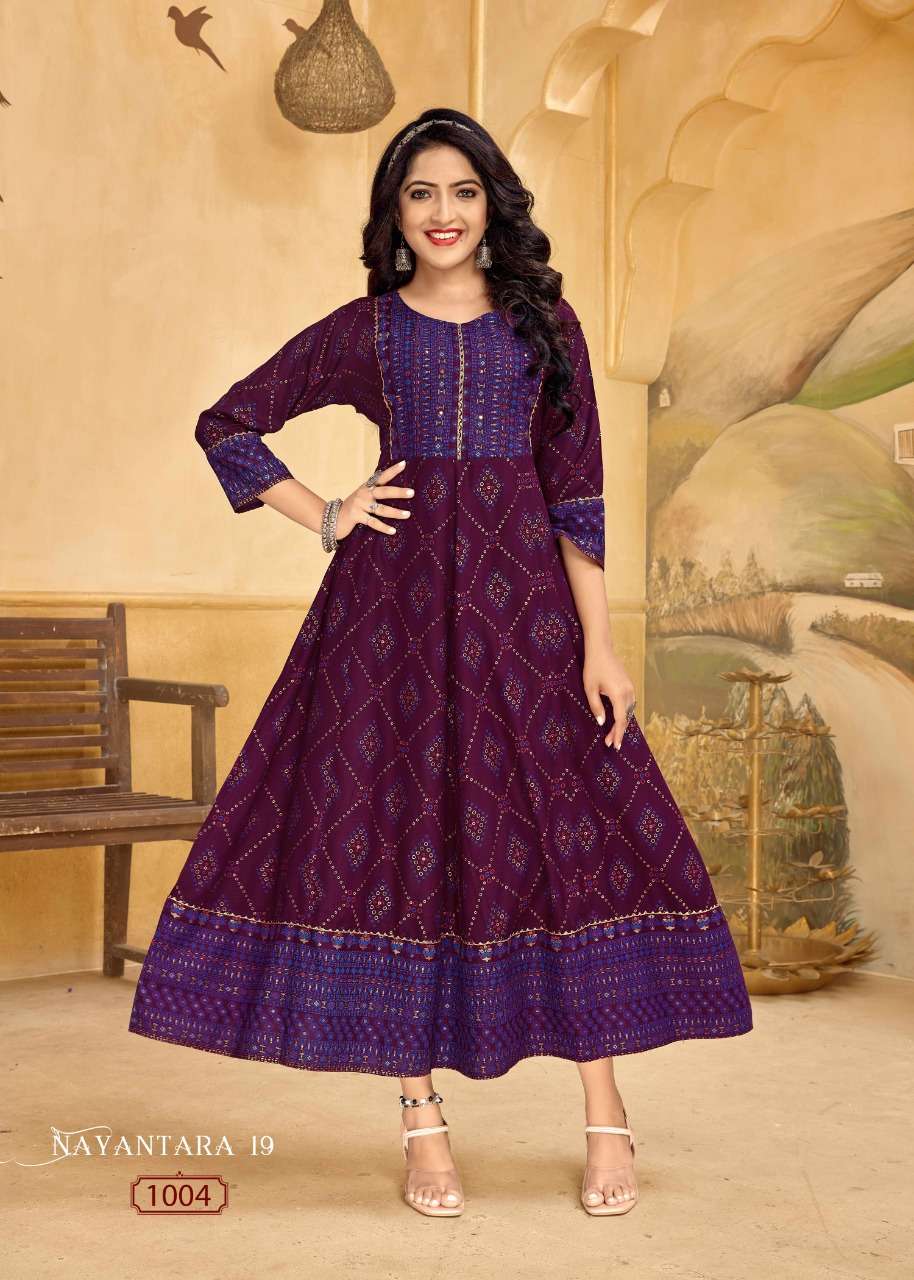 NAYANTARA VOL-19 BY BANWERY FASHION 1001 TO 1004 SERIES DESIGNER STYLISH FANCY COLORFUL BEAUTIFUL PARTY WEAR & ETHNIC WEAR COLLECTION RAYON FOIL KURTIS AT WHOLESALE PRICE