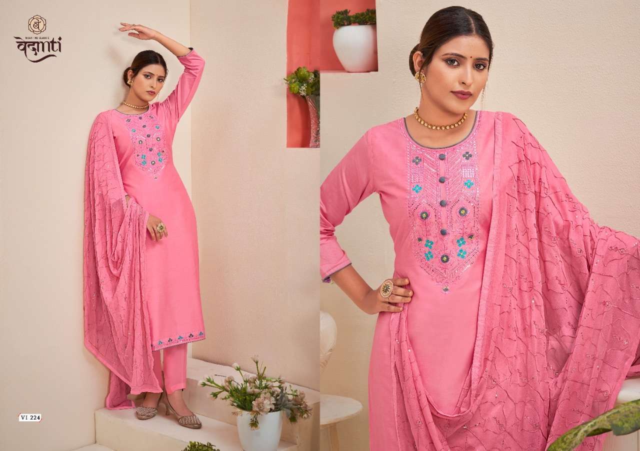 FLORA BY VEDANTI 221 TO 224 SERIES BEAUTIFUL SUITS COLORFUL STYLISH FANCY CASUAL WEAR & ETHNIC WEAR MUSLIN WITH WORK DRESSES AT WHOLESALE PRICE