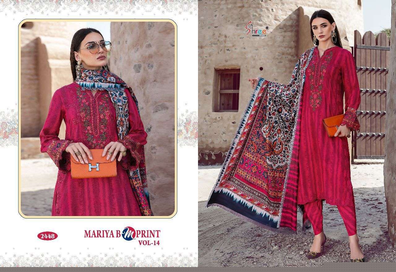 Mariya B Mprint Vol-14 By Shree Fabs 2446 To 2451 Series Beautiful Pakistani Suits Colorful Stylish Fancy Casual Wear & Ethnic Wear Pure Cotton Embroidered Dresses At Wholesale Price